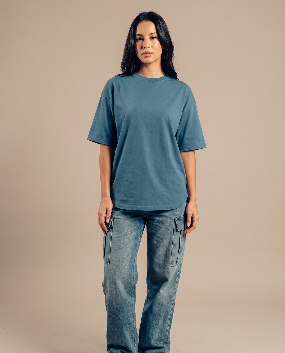 Coreline Half Sleeves Tee - Soft Teal, female full body view