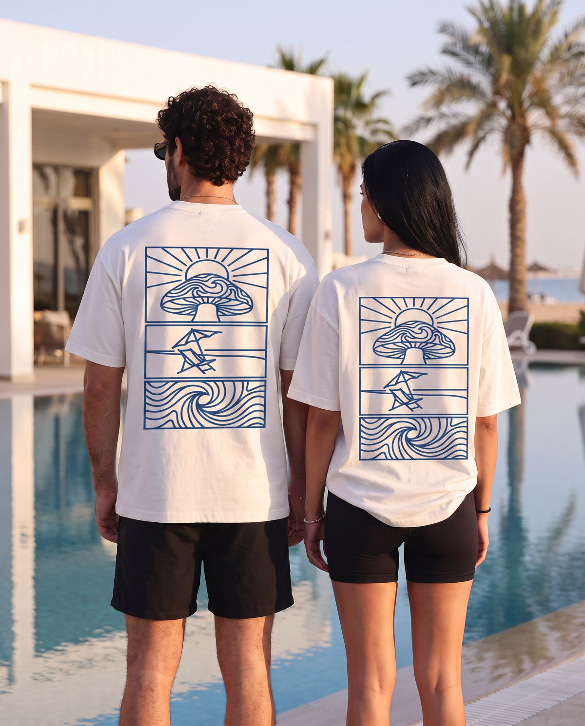 Shroom Tide Tee — back graphic by the pool