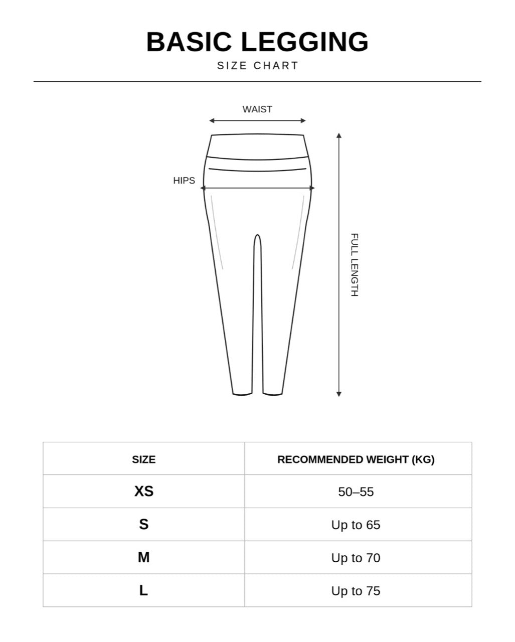 Size chart for Basic Legging