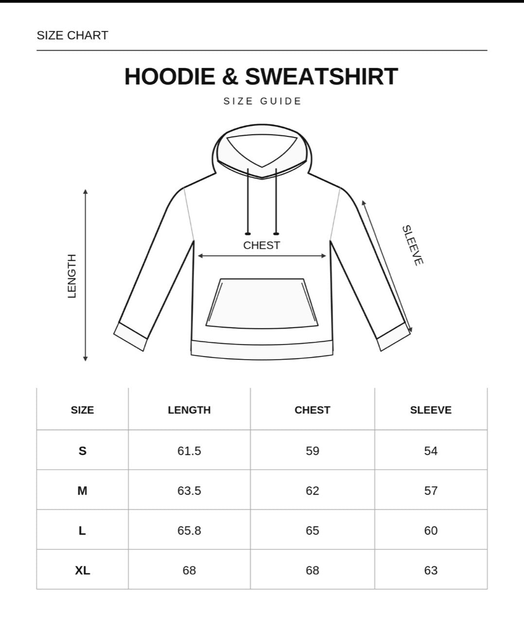 Size chart for Yellow Hoodie