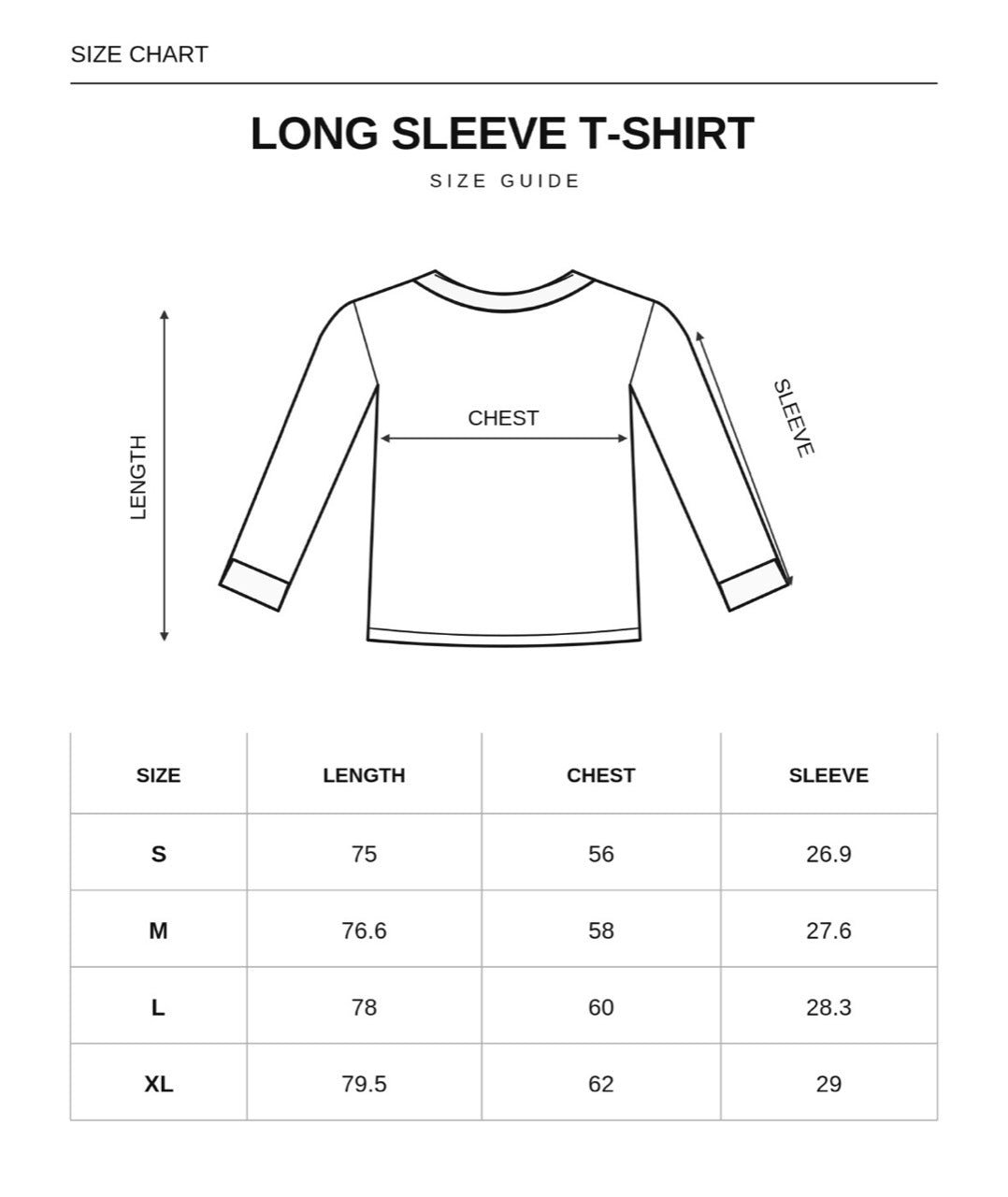 Size chart for Coreline Long Sleeves Tee - Grey