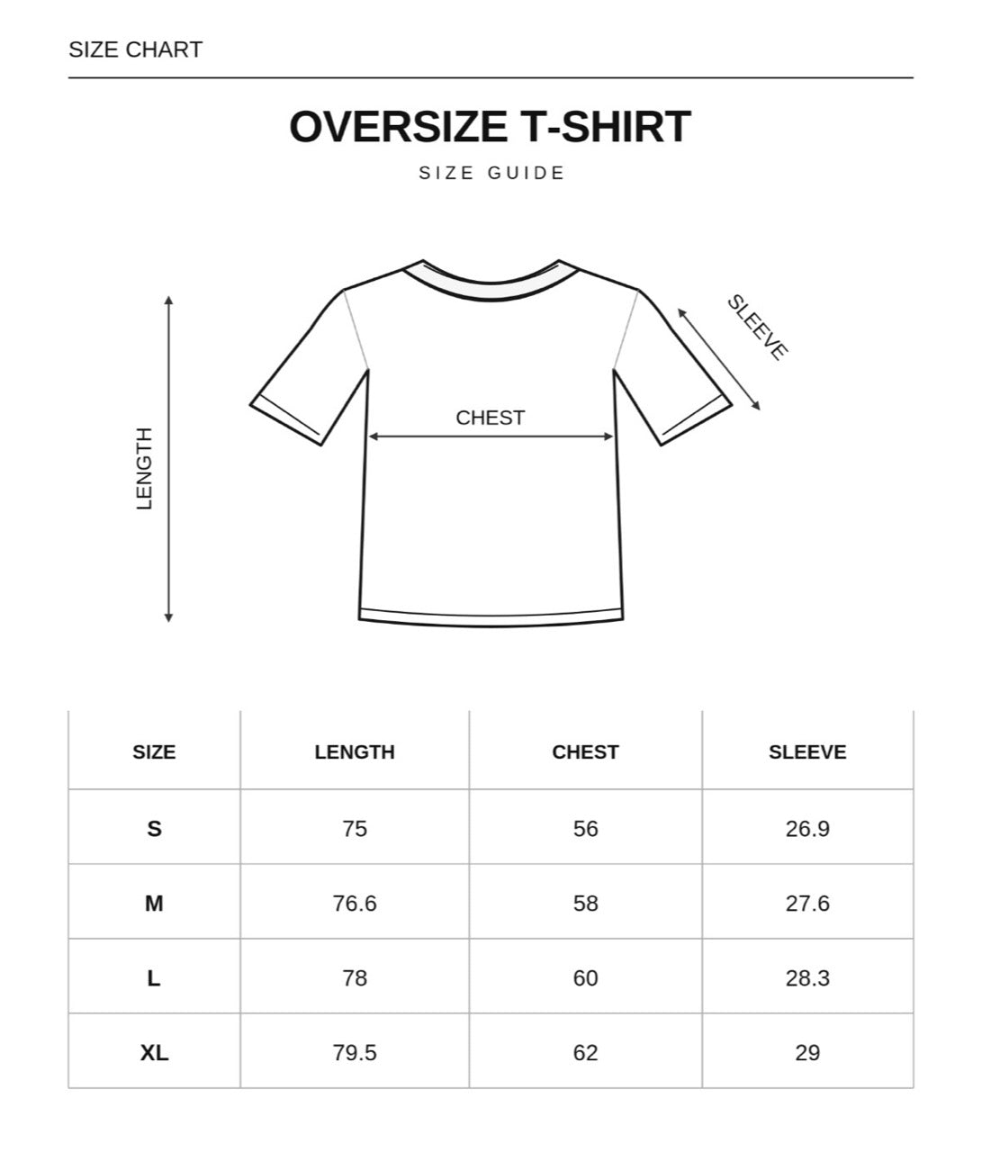 Size chart for Black Oversized Tees