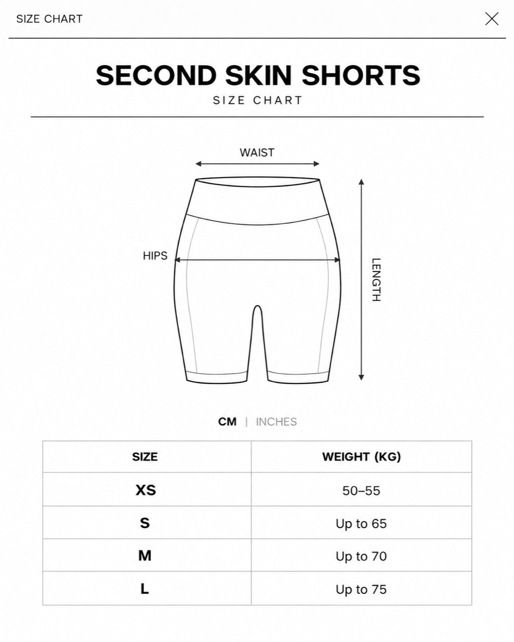 Size chart for Second Skin Shorts