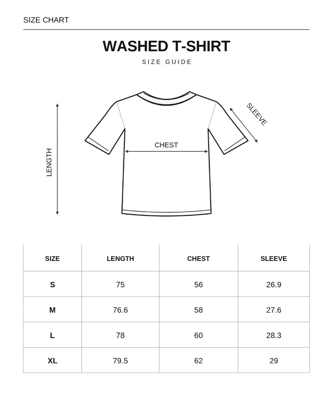 Size chart for Raw2ha Tee Grey Edition