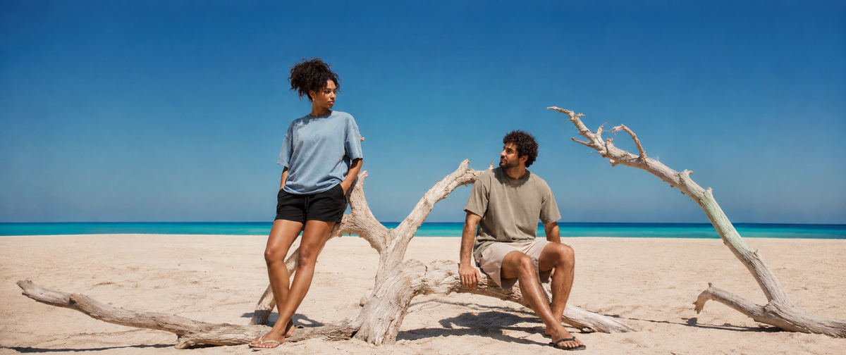 Shroomz Summer 26 North Coast campaign with two models by driftwood