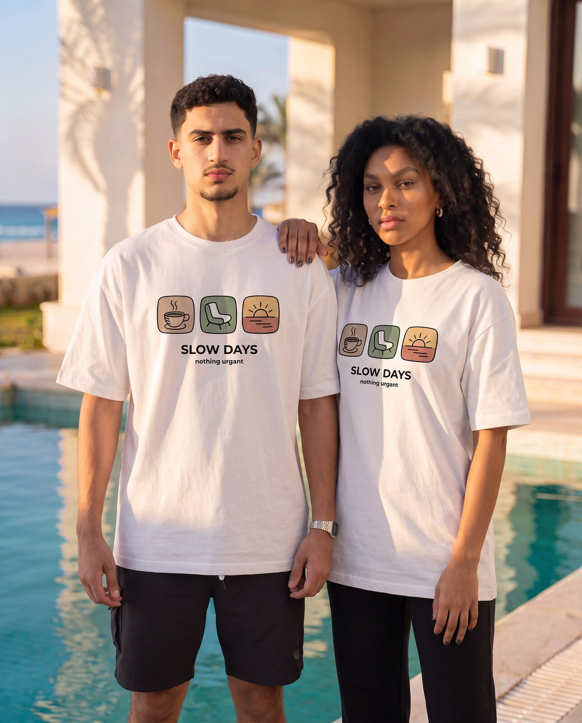 Slow Days T-shirt — front view on models