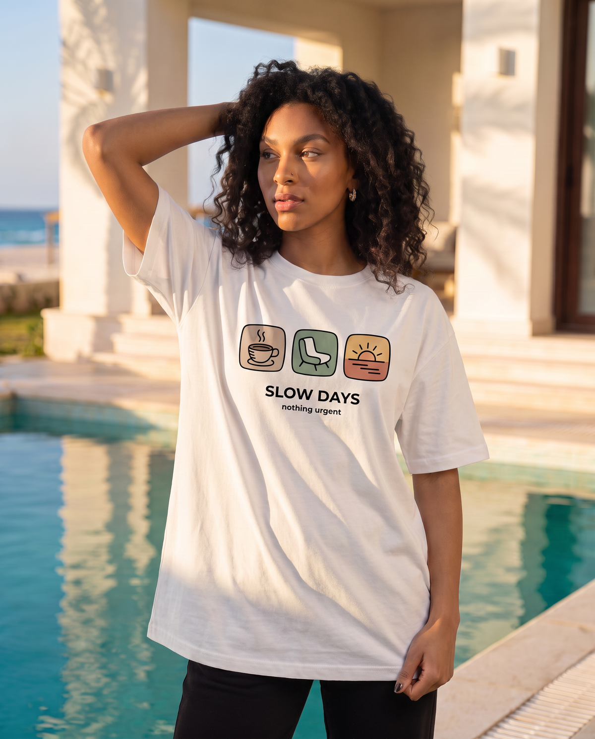 Slow Days T-shirt — front view by pool