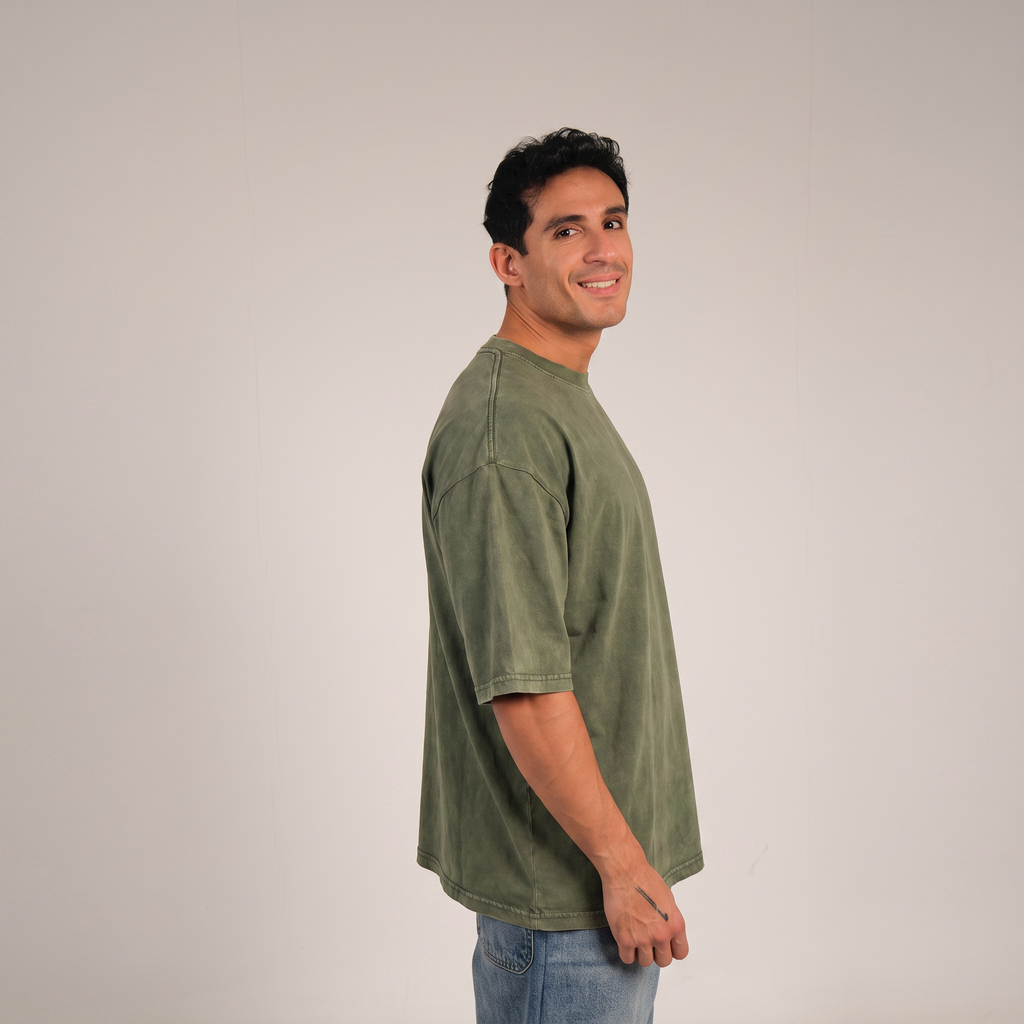Washed Tee - Olive, side fit